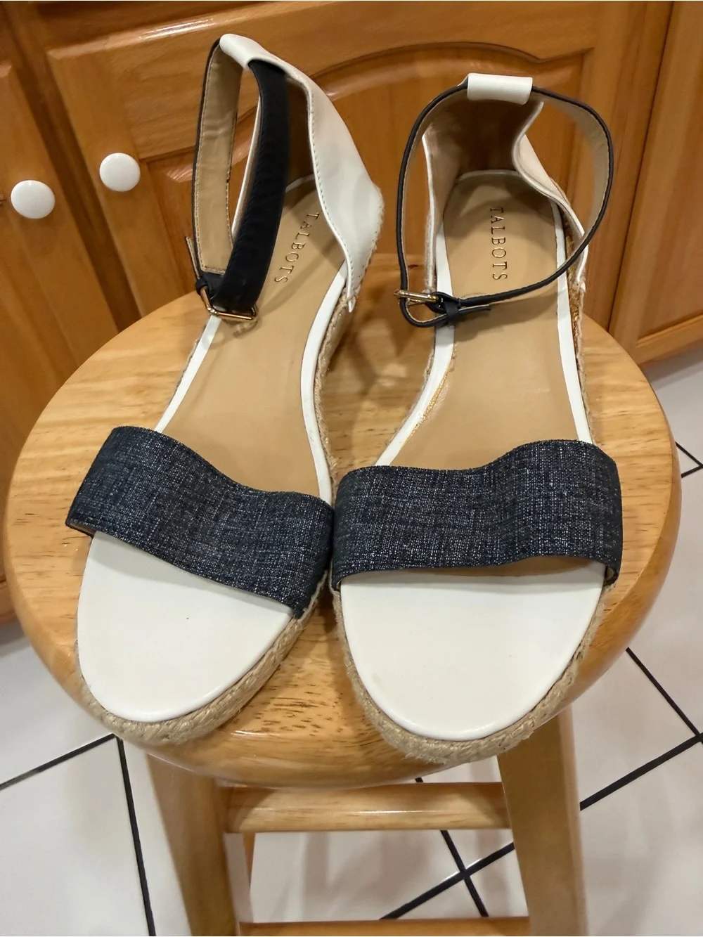 Talbots 10.5 Navy White Leather Espadrille Wedge Sandals Coasta